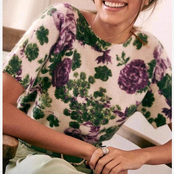 BEST Sezane Adriana Cardigan Violet Green Flowers French Knit Sweater Mohair - Picture 2 of 12